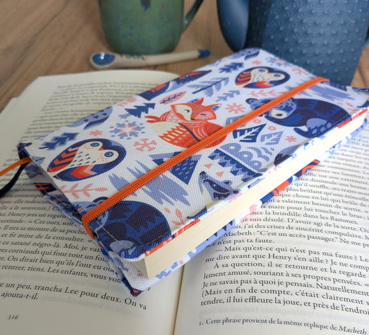 couvre livre en tissu ajustable bleu et orange animaux foret