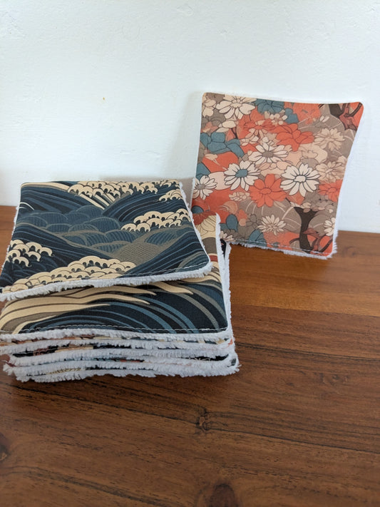 Lingettes lavables motifs japonais en coton BIO – Lot de 8 | 12×12 cm | Fait main