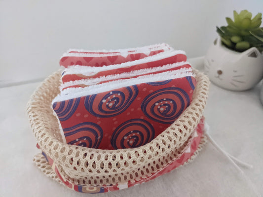 Lot de 8 lingettes lavables en coton BIO avec filet de rangement / lavage esprit seventies