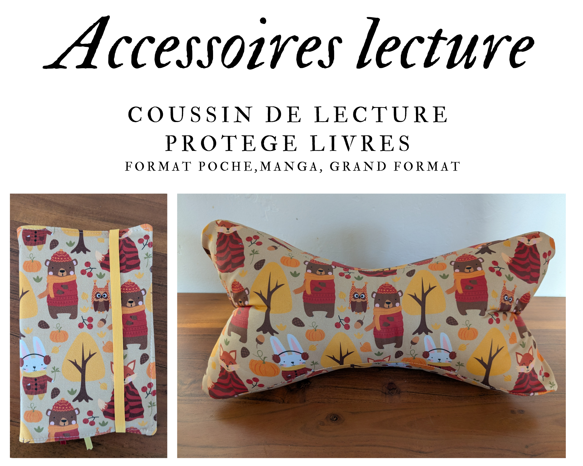 Coussin de lecture & Protège-livre ajustable AUBORIA – Motif  | Fait main