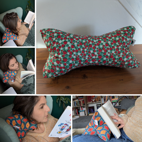 Coussin de lecture & Protège-livre ajustable STRAWBERRY - Fait main