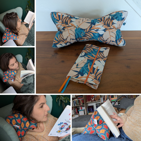 Coussin de lecture & Protège-livre ajustable – Motif Jungle bleu| Fait main