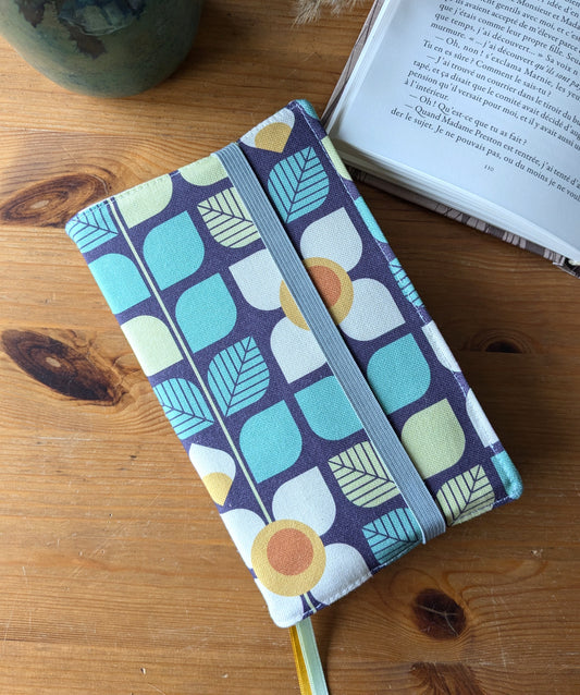 Protège livre en tissu ajustable format poche à grand format - Motifs fleurs graphique rétro bleu, vert Marguerite