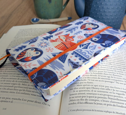 couvre livre en tissu ajustable bleu et orange animaux foret
