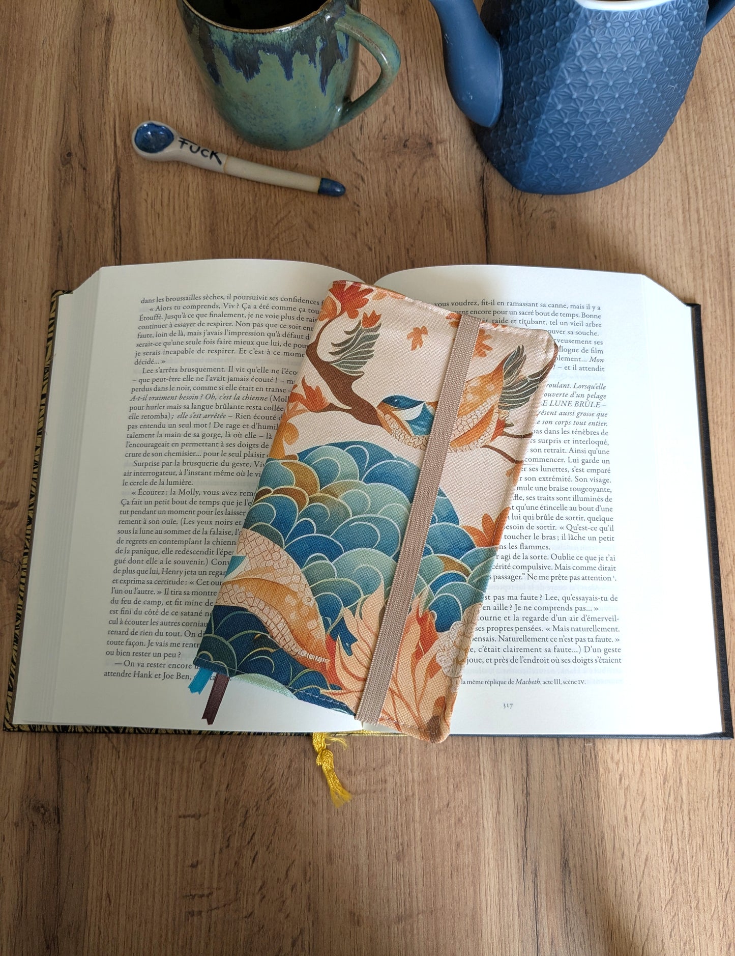 Protège livre en tissu BIO format livre de poche - Motifs style japonais oiseaux