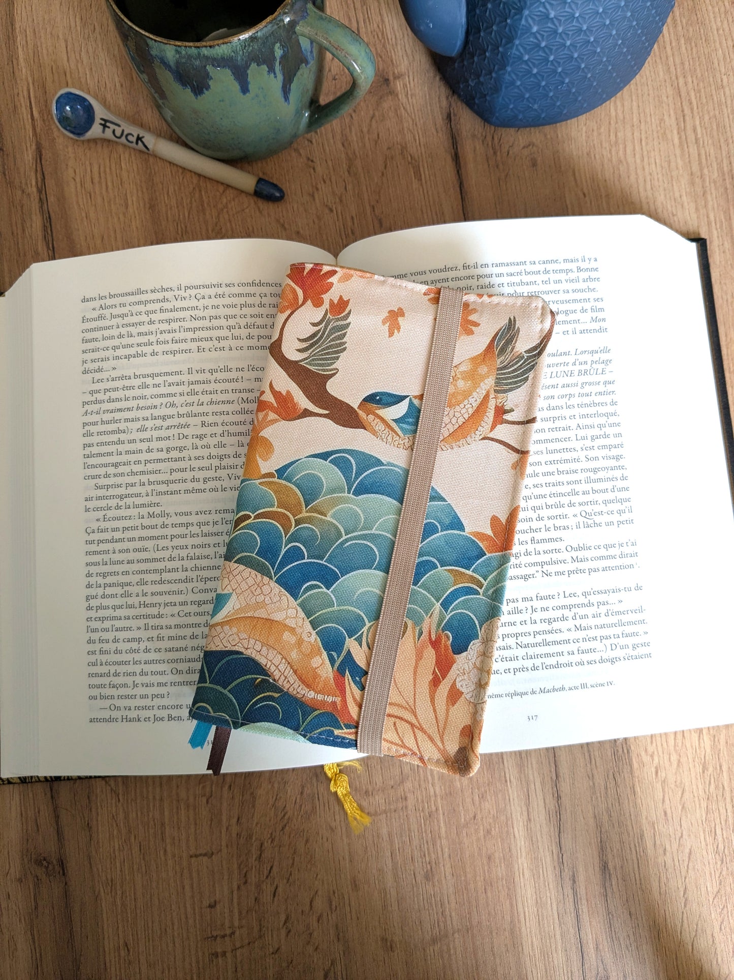 Protège livre en tissu BIO format livre de poche - Motifs style japonais oiseaux