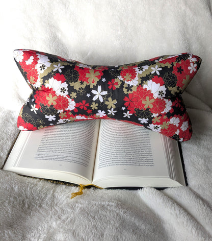 Coussin de lecture fleurs japon noir rouge or