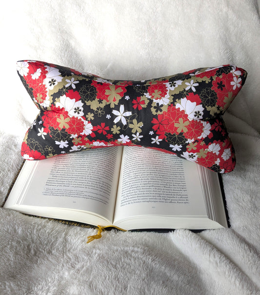 Coussin de lecture fleurs japon noir rouge or