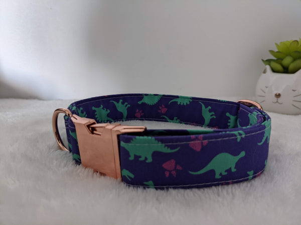 Accessoires animaux colliers chien ou chat, harnais, bandana, laisse, attache ceinture - coton BIO - Dinosaures Violet vert rose