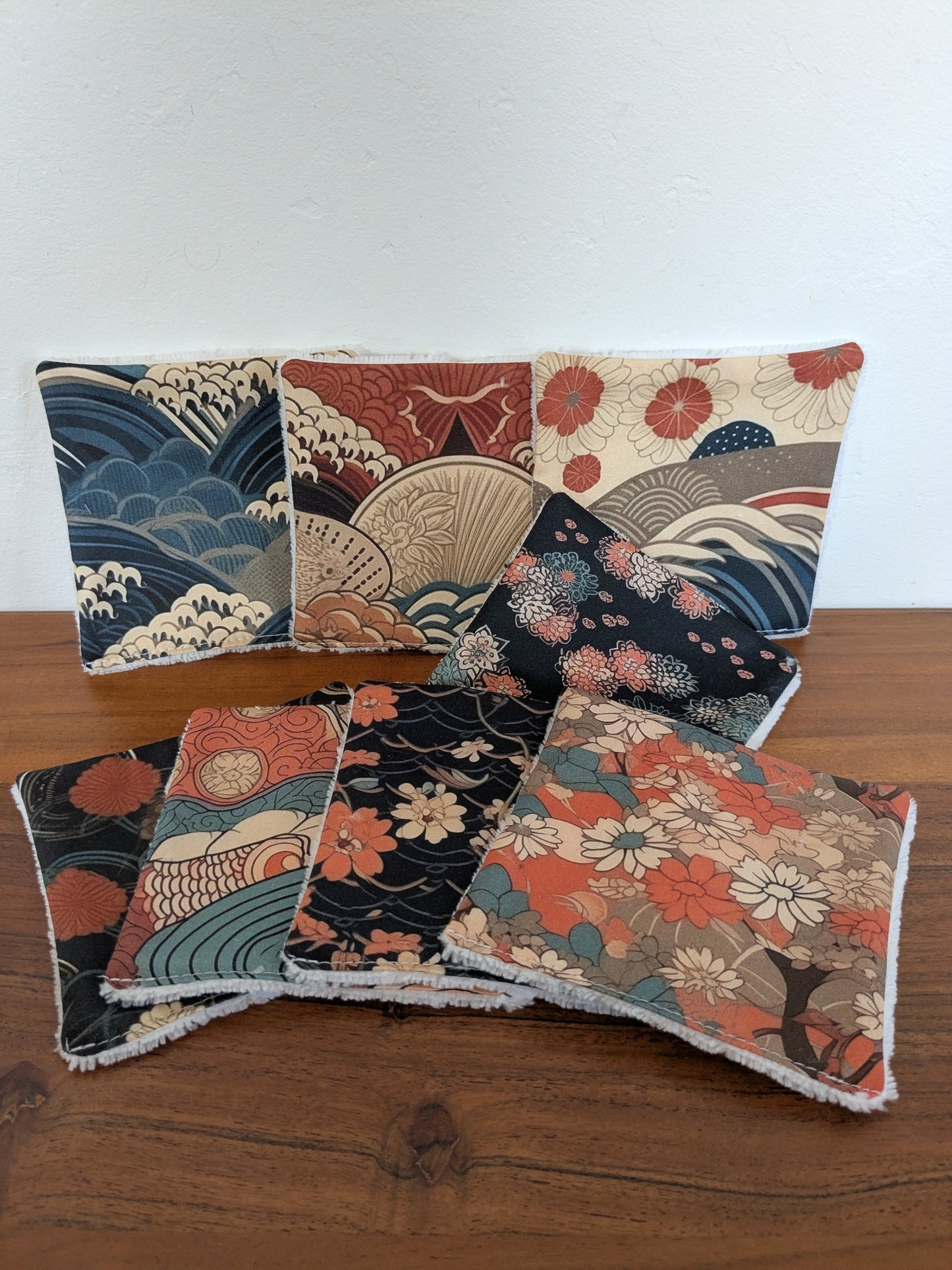 Lingettes lavables motifs japonais en coton BIO – Lot de 8 | 12×12 cm | Fait main