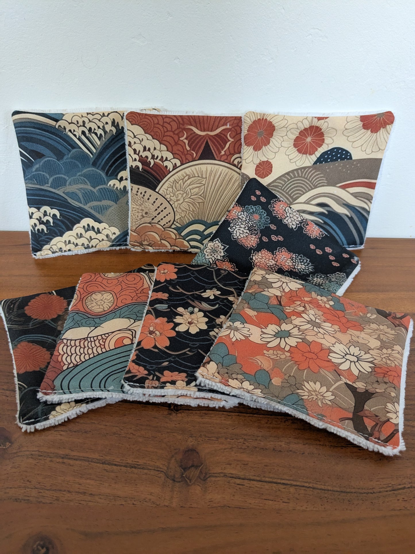 Lingettes lavables motifs japonais en coton BIO – Lot de 8 | 12×12 cm | Fait main
