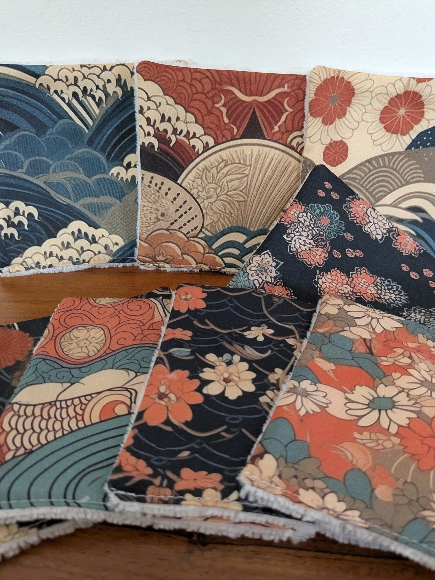 Lingettes lavables motifs japonais en coton BIO – Lot de 8 | 12×12 cm | Fait main