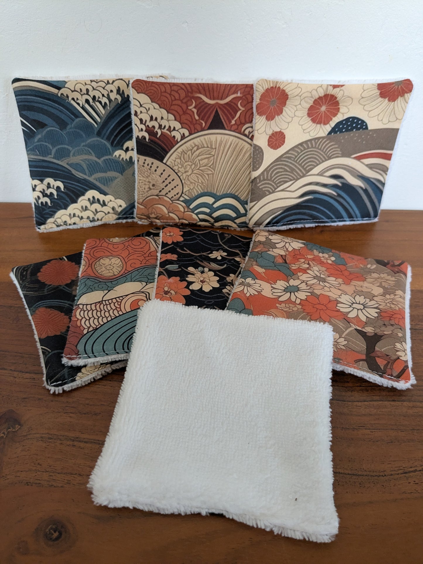 Lingettes lavables motifs japonais en coton BIO – Lot de 8 | 12×12 cm | Fait main