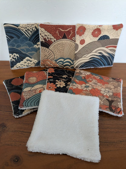 Lingettes lavables motifs japonais en coton BIO – Lot de 8 | 12×12 cm | Fait main