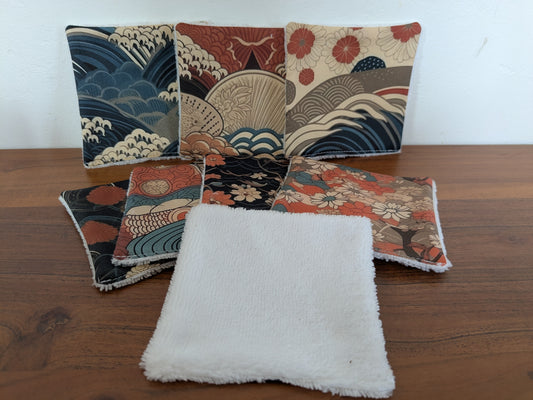 Lingettes lavables motifs japonais en coton BIO – Lot de 8 | 12×12 cm | Fait main