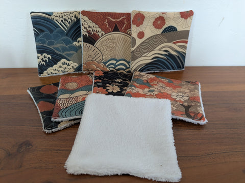 Lingettes lavables motifs japonais en coton BIO – Lot de 8 | 12×12 cm | Fait main