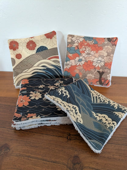 Lingettes lavables motifs japonais en coton BIO – Lot de 8 | 12×12 cm | Fait main