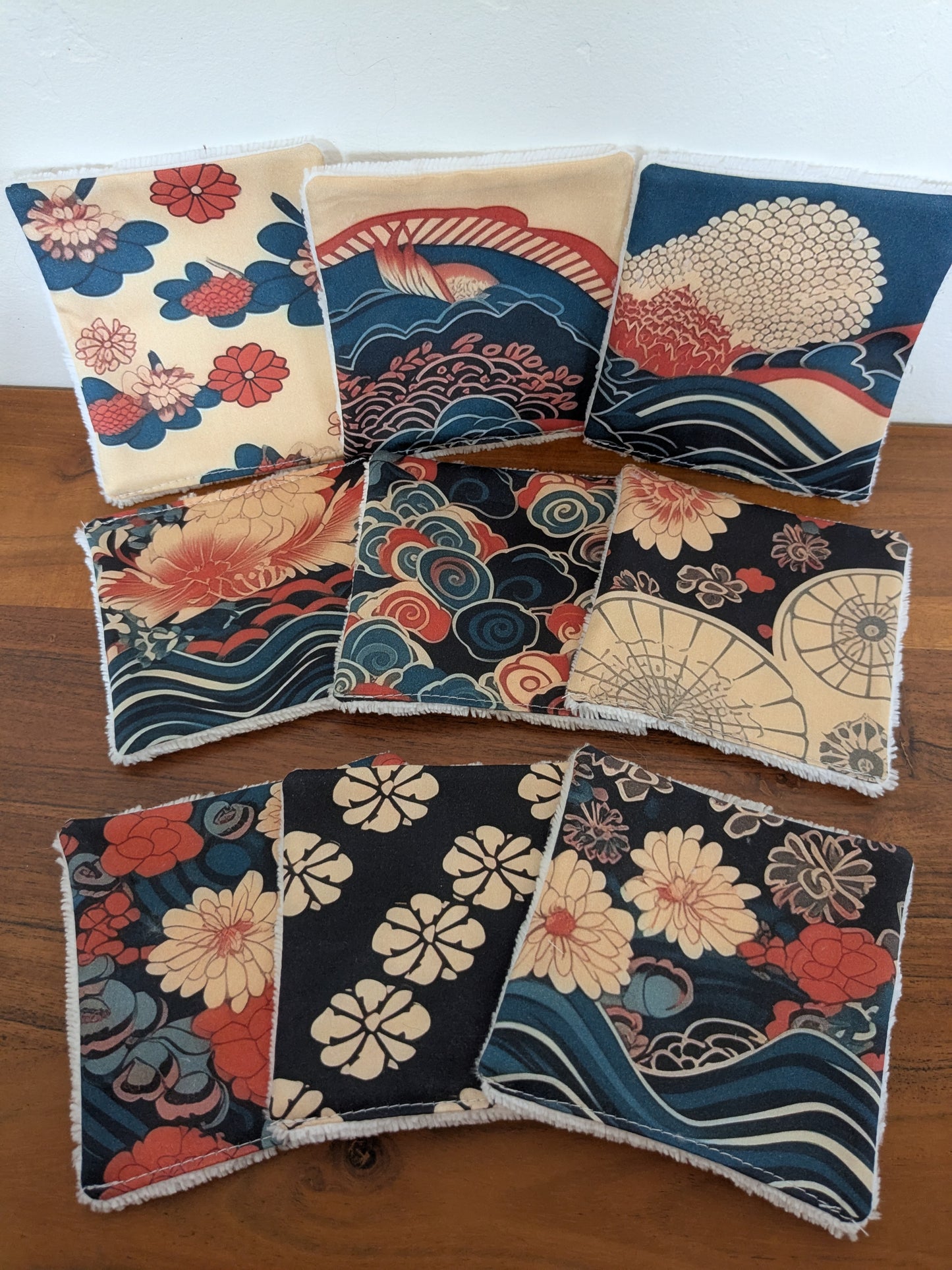 Lingettes lavables en coton BIO – Motifs japonais | Lot de 9 | Fait main en France