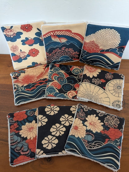 Lingettes lavables en coton BIO – Motifs japonais | Lot de 9 | Fait main en France