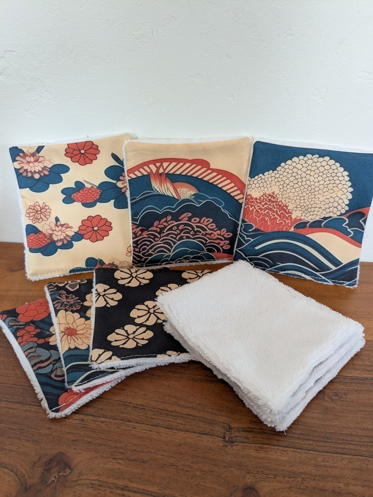 Lingettes lavables en coton BIO – Motifs japonais | Lot de 9 | Fait main en France