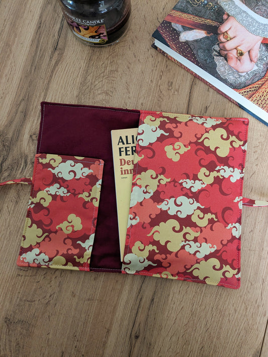 Pochette livre en tissu molletonnée avec rabat fermeture noeud - Motifs nuages japonais orange, rouge, jaune KUMO