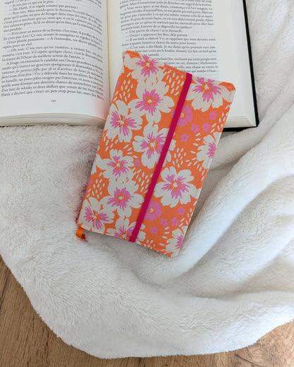 Protège livre en tissu ajustable format poche à grand format - Motifs fleurs rose orange Summer
