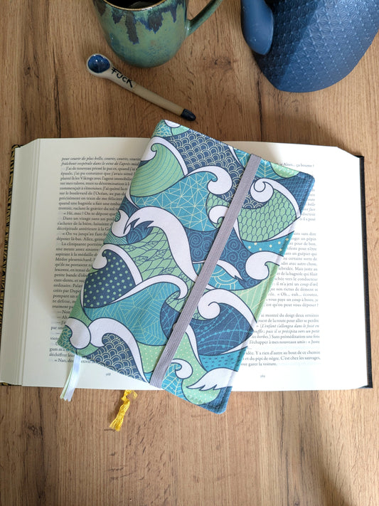Couvre livre en tissu vagues vertes coton BIO
