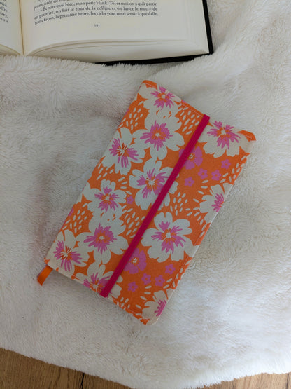 Protège livre en tissu ajustable format poche à grand format - Motifs fleurs rose orange Summer