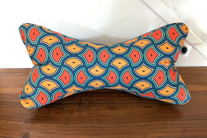 Os de lecture - Confort et support de lecture - Coton BIO - motif géométrique rétro style wax vagues/écailles bleu, orange, terracotta MAYA