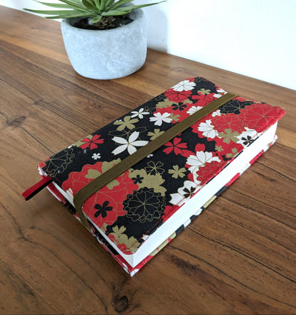 Protège livre en tissu ajustable format poche à grand format - Motifs Fleurs japon rouges noires Reiki