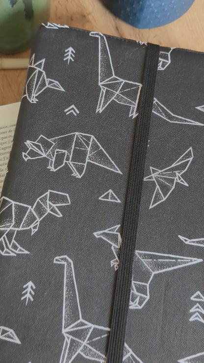 Protège livre en tissu ajustable format poche à grand format - Motifs dinosaures origami noir