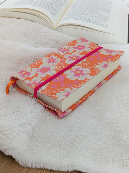 Protège livre en tissu ajustable format poche à grand format - Motifs fleurs rose orange Summer