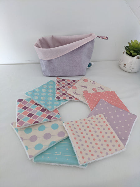 Lingettes lavables et réutilisables zéro déchet en coton BIO - Cerises corail violet