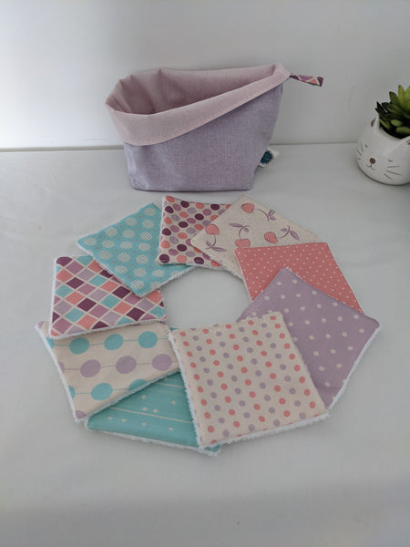 Lingettes lavables et réutilisables zéro déchet en coton BIO - Cerises corail violet