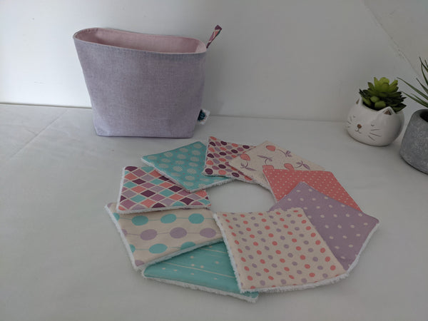 Lingettes lavables et réutilisables zéro déchet en coton BIO - Cerises corail violet