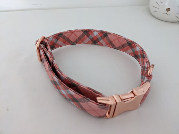 Accessoires animaux colliers chien ou chat, harnais, bandana, laisse, attache ceinture - coton BIO - TARTAN rose gris