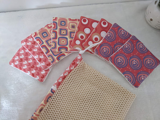 Lot de 8 lingettes lavables en coton BIO avec filet de rangement / lavage esprit seventies