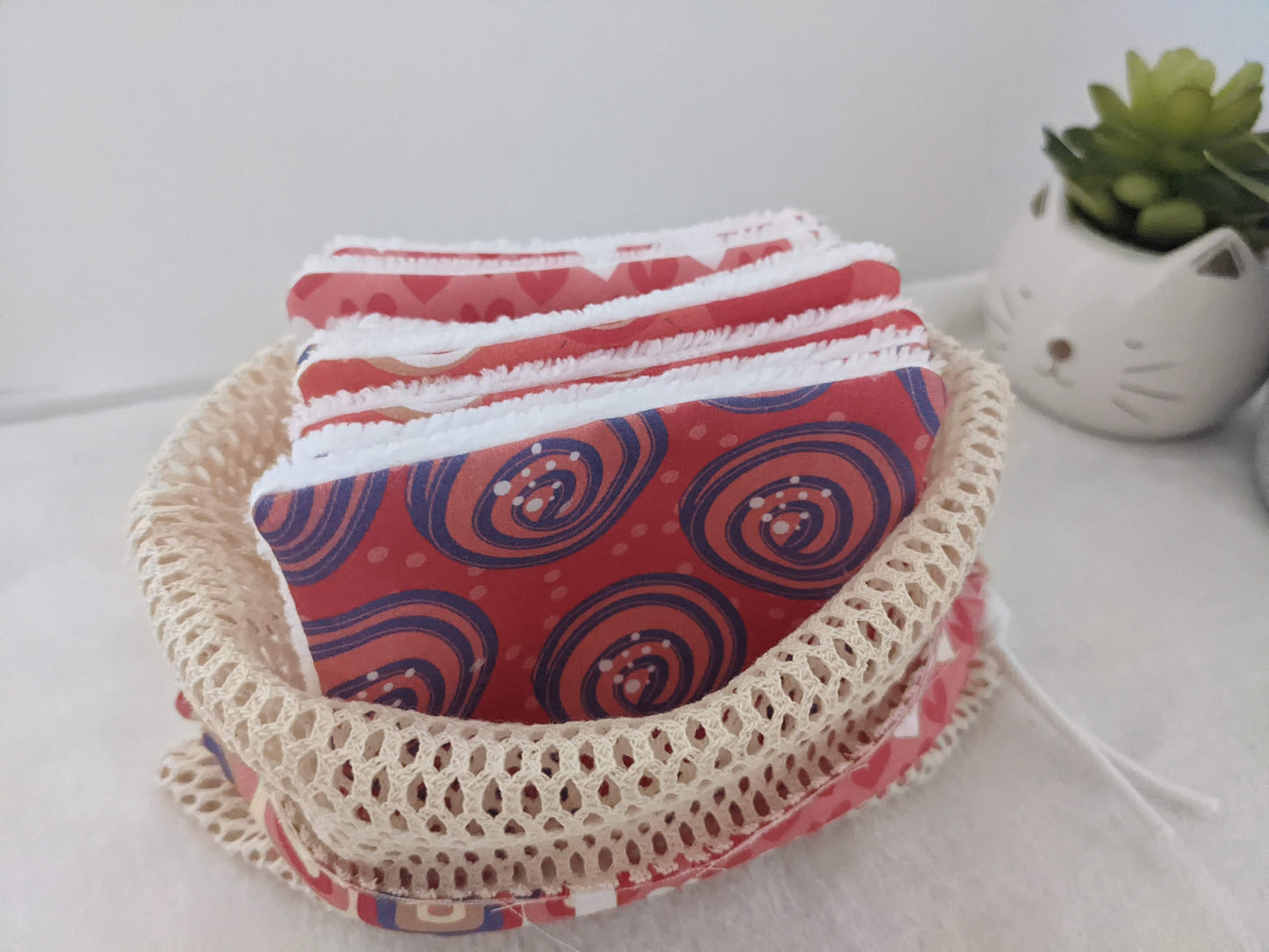 Lot de 8 lingettes lavables en coton BIO avec filet de rangement / lavage esprit seventies