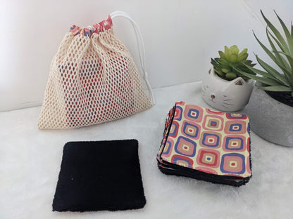 Lot de 8 lingettes lavables en coton BIO avec filet de rangement / lavage esprit seventies