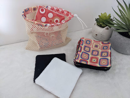 Lot de 8 lingettes lavables en coton BIO avec filet de rangement / lavage esprit seventies
