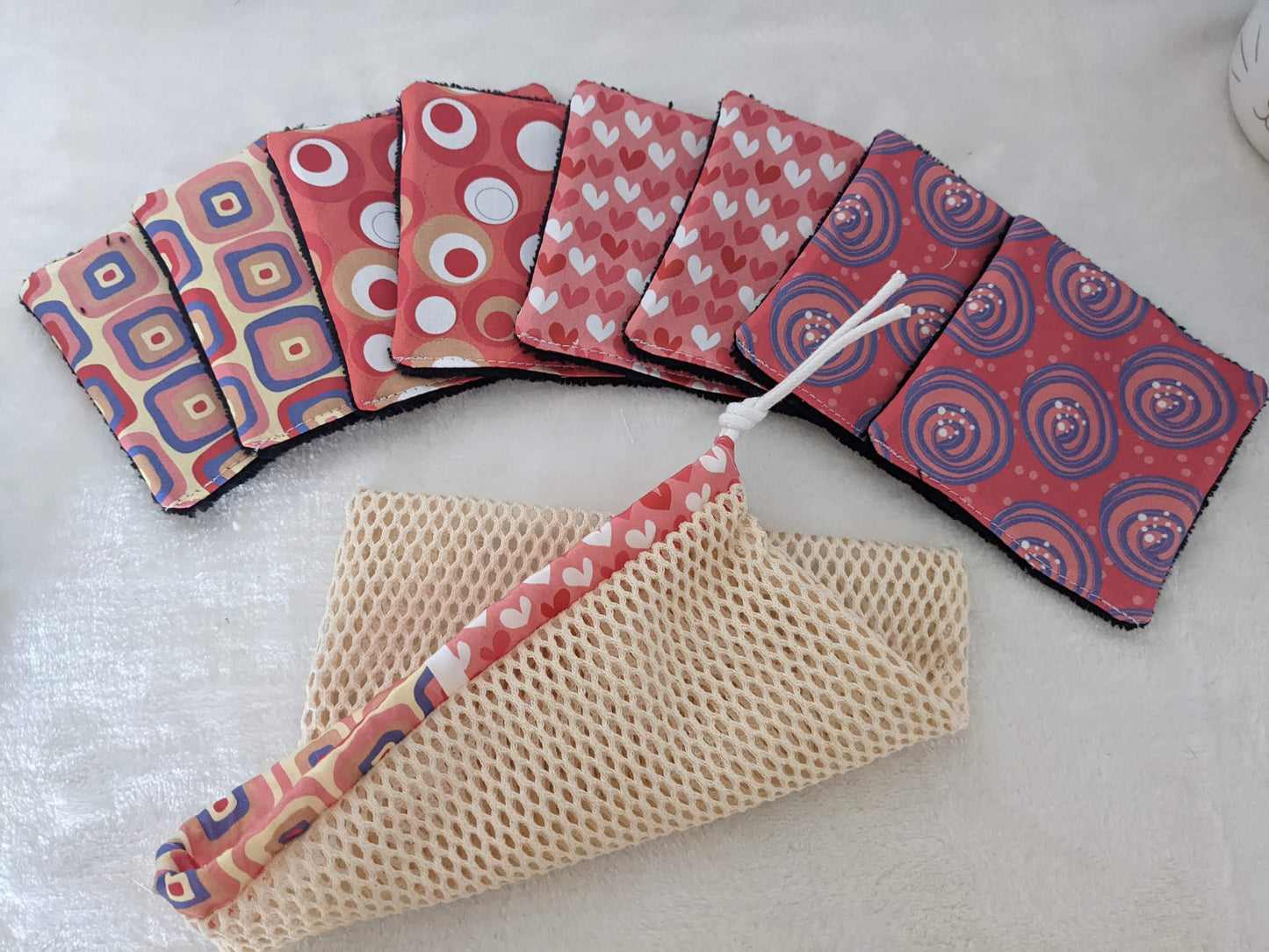 Lot de 8 lingettes lavables en coton BIO avec filet de rangement / lavage esprit seventies