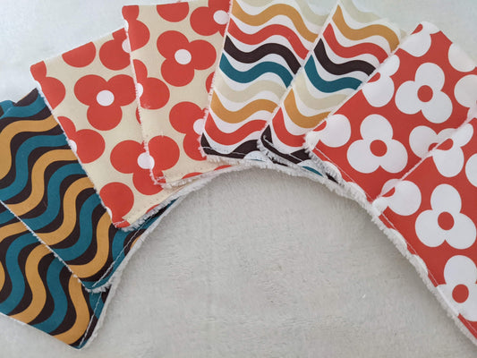 Lot de 8 lingettes lavables en coton BIO avec filet de rangement / lavage esprit seventies