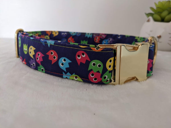 Accessoires animaux colliers chien ou chat, harnais, bandana, laisse, attache ceinture - coton BIO - fantômes PACMAN rétro gaming