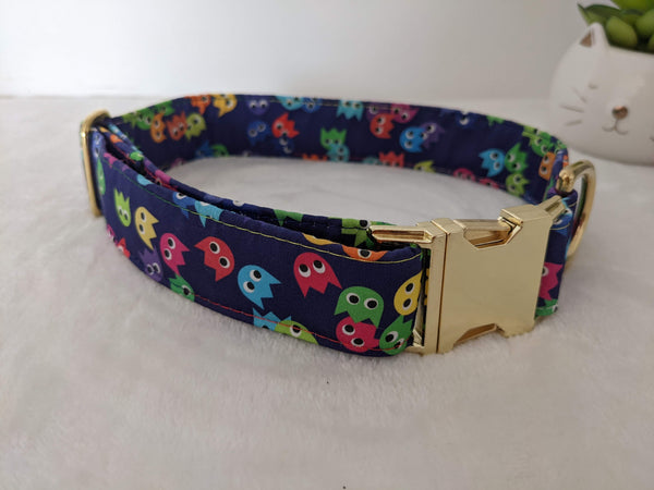 Accessoires animaux colliers chien ou chat, harnais, bandana, laisse, attache ceinture - coton BIO - fantômes PACMAN rétro gaming