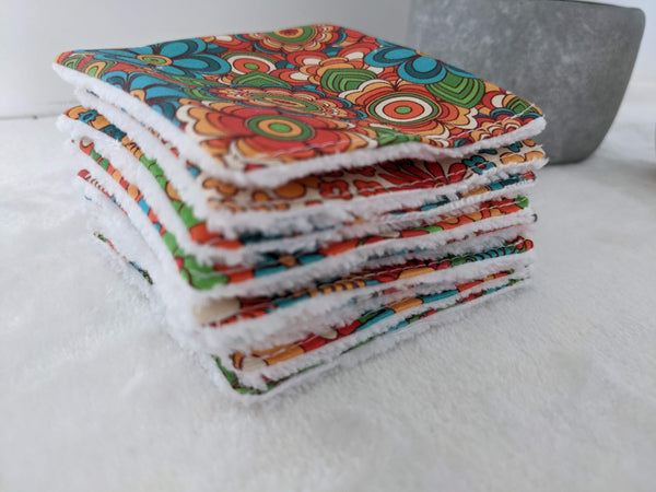 Lot de 9 lingettes lavables en coton BIO avec filet de rangement / lavage esprit seventies