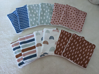 Lot de 12 Lingettes lavables zéro déchet en coton BIO - Style scandinave - arc en ciel
