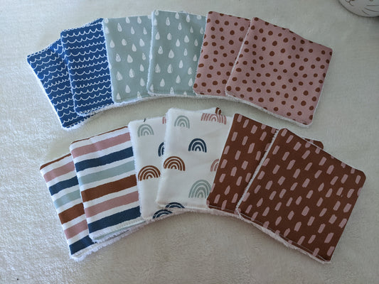 Lot de 12 Lingettes lavables zéro déchet en coton BIO - Style scandinave - arc en ciel