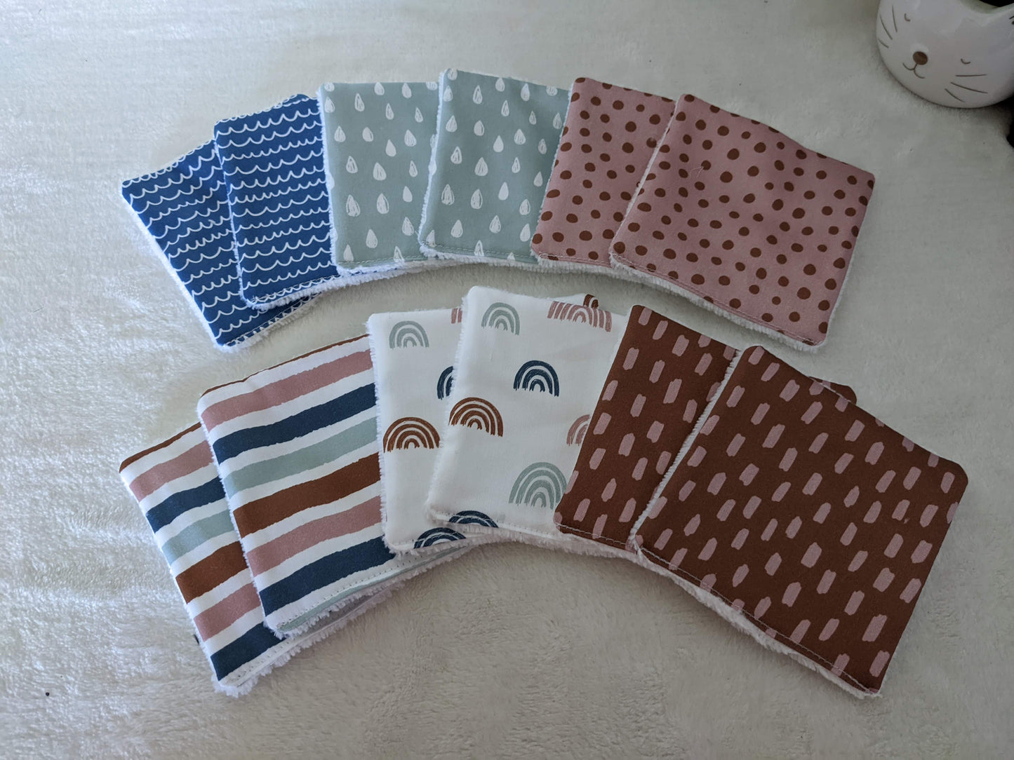 Lot de 12 Lingettes lavables zéro déchet en coton BIO - Style scandinave - arc en ciel