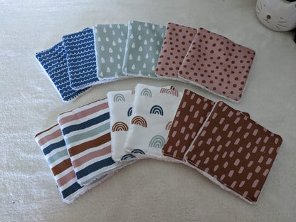 Lot de 12 Lingettes lavables zéro déchet en coton BIO - Style scandinave - arc en ciel