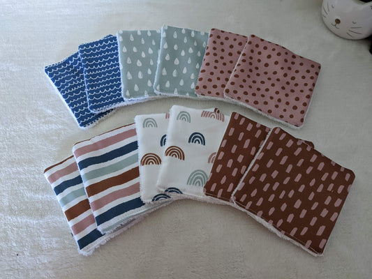 Lot de 12 Lingettes lavables zéro déchet en coton BIO - Style scandinave - arc en ciel